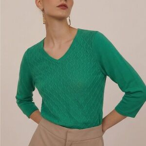 Talbots Green Diamond Textured VNeck Sweater Sz Petite Small Quiet Luxury Preppy